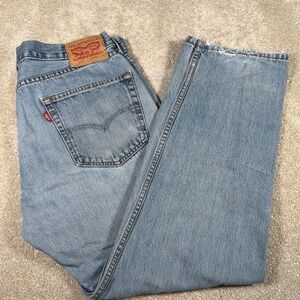 Levis 505 Straight Leg Blue Jeans Mens 36 X 30 (FITS 35 X 29) Worn Hems READ